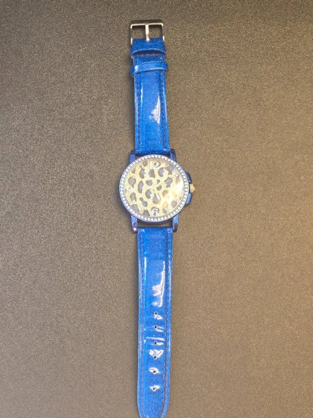 Blue Patten Leather Wrist Watch with Silver and Blue Leopard Print